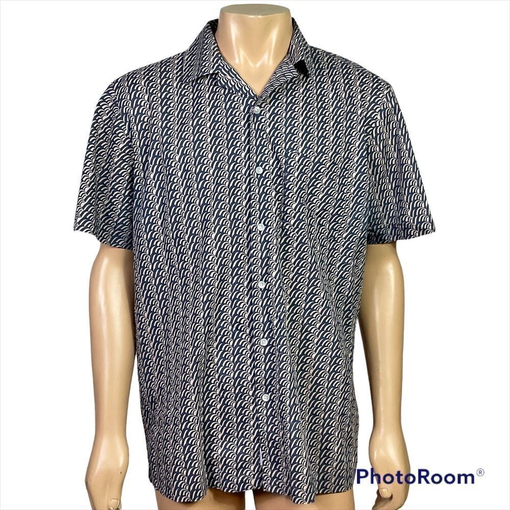 Onia vacation shirt short sleeves blue tan waves pattern cotton buttons L